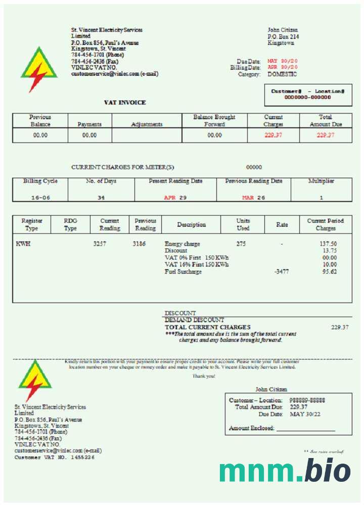 Saint Vincent i Grenadyny St. Vincent Electricity Services Limited rachunek za media Word i PDF template